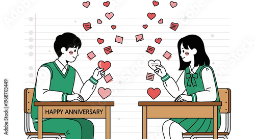 Young Couple Exchanging Hearts on Anniversary, School Desk Illustration