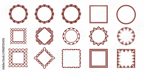 Collection of decorative reddish brown frames in various shapes and designs