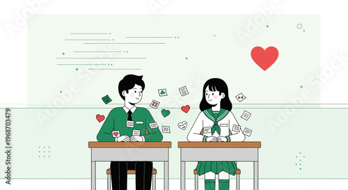 Young Couple in Love, School Desks, Hearts, Memories, Romantic Illustration