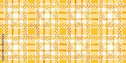Close up of a vibrant yellow and white checkered woven textile pattern