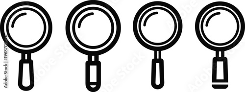 Set of four outline magnifying glass icons with different handle and glass details.