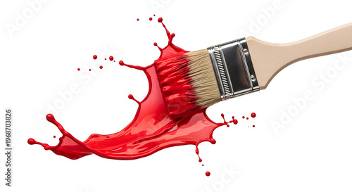 Red Paint Brush Splash PNG. Wood handle paintbrush with dynamic red color liquid paint splash isolated for creative art and DIY designs. Wet color splatter texture PNG.