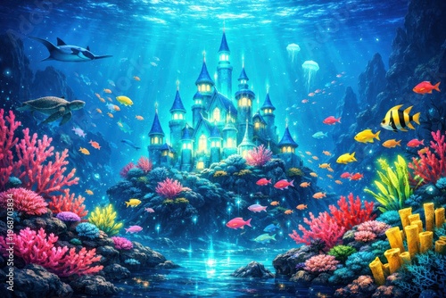 Enchanted Underwater Realm: A fantastical underwater scene unfolds, revealing a vibrant coral reef teeming with marine life, all leading to a shimmering castle.