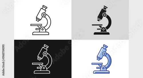 Four different styles of microscope icons, including outline, solid, and color versions.