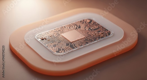 Low-Energy Medical Sensors, Extreme macro photography of a tiny, coin-sized biometric skin patch, ultra-low power chip design