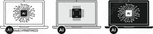 Three variations of a laptop with AI chip and AI logo, featuring different design styles.