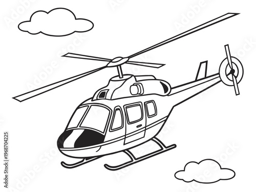Side view of helicopter flying in sky with clouds, black and white line art vector