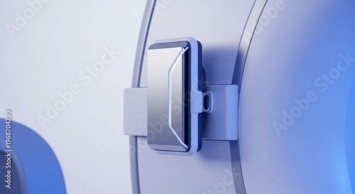 Edge Computing Modules, a compact, futuristic edge computing module made of brushed aluminum and white silicone. Magnetically attached to the side of a modern MRI machine.