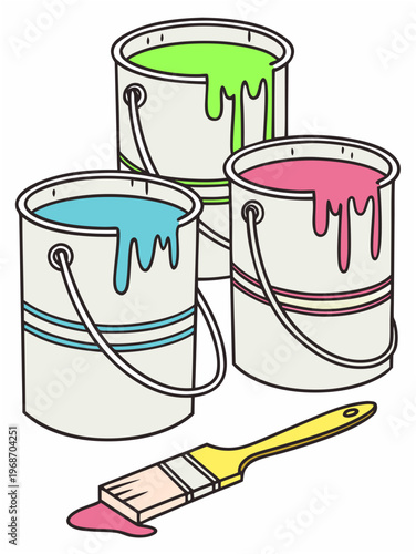 Three colorful paint buckets and brush for creative painting and DIY projects