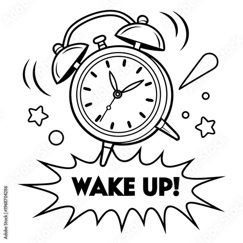 Classic twin bell alarm clock ringing with wake up text, black and white line art