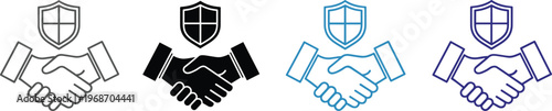 Set of handshake icons with shield symbol for secure agreement business partnership and trust concept.