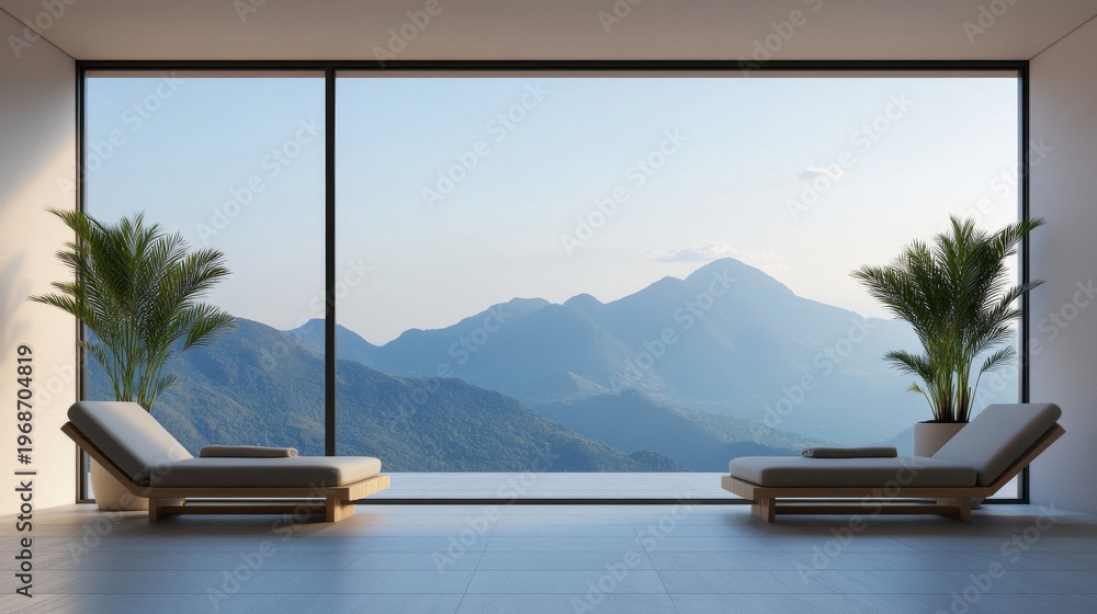 Fototapeta premium Modern Interior with Panoramic Mountain View through Floor-to-Ceiling Window. Two Lounge Chairs and Palms create a serene, minimalist relaxation and spa concept., wellness, retreat