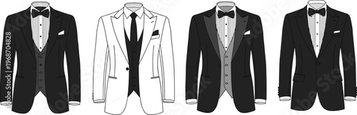 Formal suit templates including tuxedo styles and three piece garments with bow ties and neck ties.