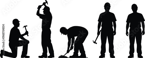 Construction worker silhouette set featuring male builders using hammers, wearing hard hats, kneeling, and standing for industrial building and renovation.