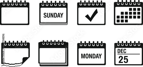 Calendar icon set showing various dates and formats including monday sunday and december twenty five.