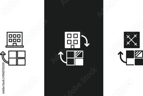 Company relocation and office moving icon set illustrating building transition and logistics process.