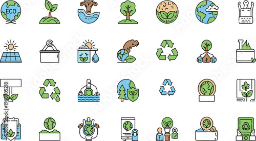 Set of Eco Friendly, Environmental Protection, Sustainability, and Green Energy Icons with Recycling, Nature, and Earth Conservation Concepts