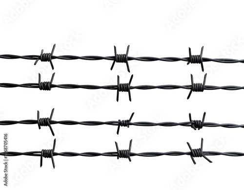 Close-up view of multiple parallel strands of sharp barbed wire