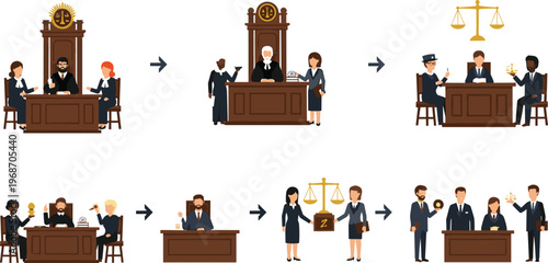 Set of Legal Process Flow Illustrations Showing Court Trial, Judge Decision, Lawyer Consultation, and Justice System Steps