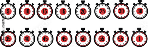Stopwatch icons showing different time intervals from 5 to 55 and 1 minute.