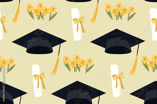 Seamless pattern with graduation caps and flowers. Vector template for fabric, textile, wallpaper, wrapping paper, invitations, banners, posters, and cards.