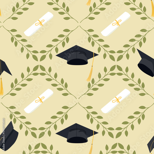 Graduation pattern, seamless vector background with romb leaves pattern. Square academic hats, caps.Grad ceremony backdrop. Vector template for fabric, textile, wallpaper, wrapping paper	