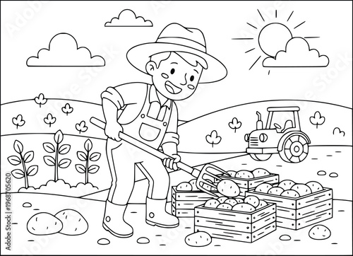Coloring page of a happy young farmer harvesting fresh potatoes in a field