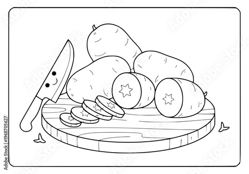 Coloring book page featuring a cute knife slicing fresh potatoes on a board
