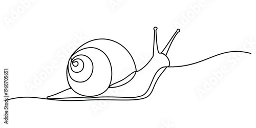 Continuous one line drawing of a snail with a spiral shell moving slowly across a flat surface area