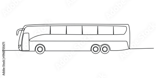 Continuous one line drawing of a modern passenger coach bus viewed from the side perspective