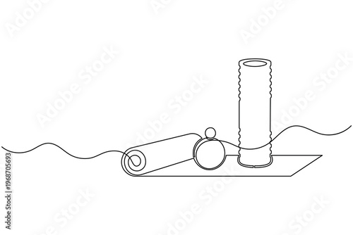 Yoga Mat Foam Roller Line Art Minimalist Fitness Workout Equipment Home Gym Vector Illustration