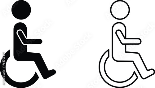 Handicapped person in wheelchair icon collection with solid and outline styles for accessibility signs.