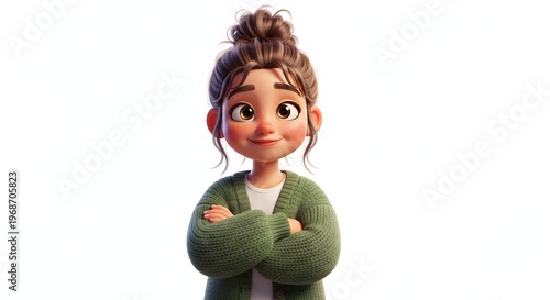 Confident young woman with a friendly smile and crossed arms. Casual lifestyle and positive character design. 3D animated style girl wearing a green cardigan over a white background