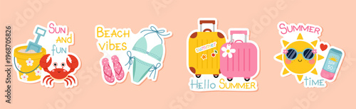 Сute summer sticker set. Crab with bucket, bikini and flip flops, travel suitcases, happy sun with sunglasses. Beach vibes adorable collection. Flat vector illustration.