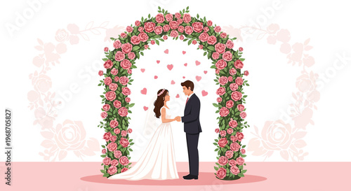 Wedding Couple Under Floral Arch with Hearts - Romantic Celebration