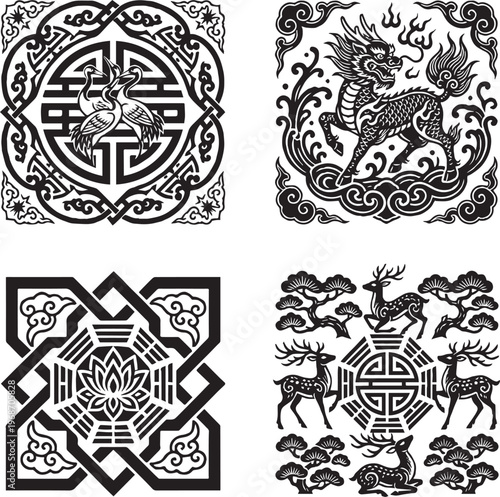 Chinese Auspicious Symbols Vector Set: Qilin, Cranes, Deer, and Bagua Lotus Ornaments in Traditional Paper-cut Style
