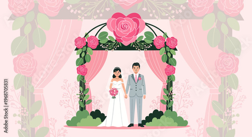 Wedding Couple Under Floral Arch - Bride Groom Love Illustration