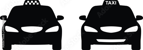 Black taxi car silhouette with taxi sign on roof front view modern vehicles for transport services.