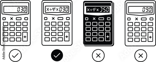 Calculator icon set with checkmarks and crosses, representing correct and incorrect calculations.