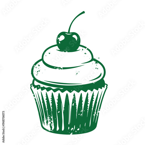 Green cupcake with cherry on white background dessert green frosting
