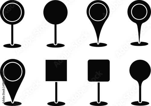 Set of black map pin icons in various shapes and designs, for location marking.