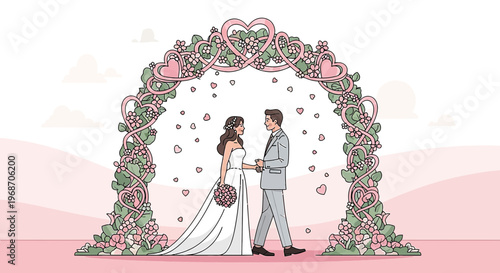 Wedding Couple Under Heart Archway, Romantic Ceremony Illustration