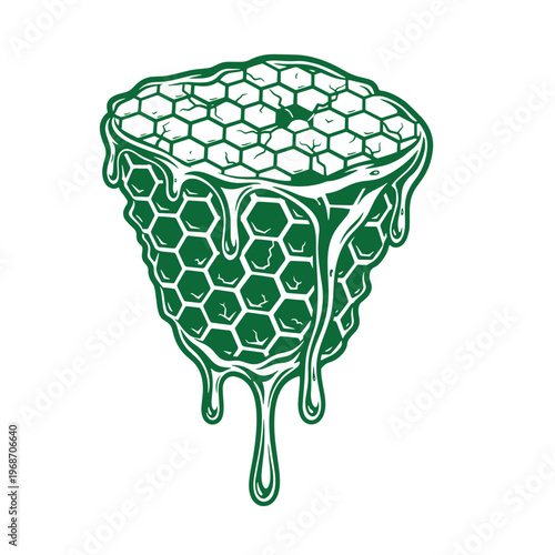 Green dripping honeycomb with hexagonal cells and wavy edges liquid