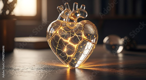 Mesmerizing close-up of a luminous glass heart, intricately cracked and glowing with golden light, symbolizing resilience, fragility, and inner strength amidst challenges
