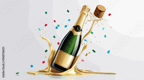 Champagne bottle popping with golden splash and festive confetti