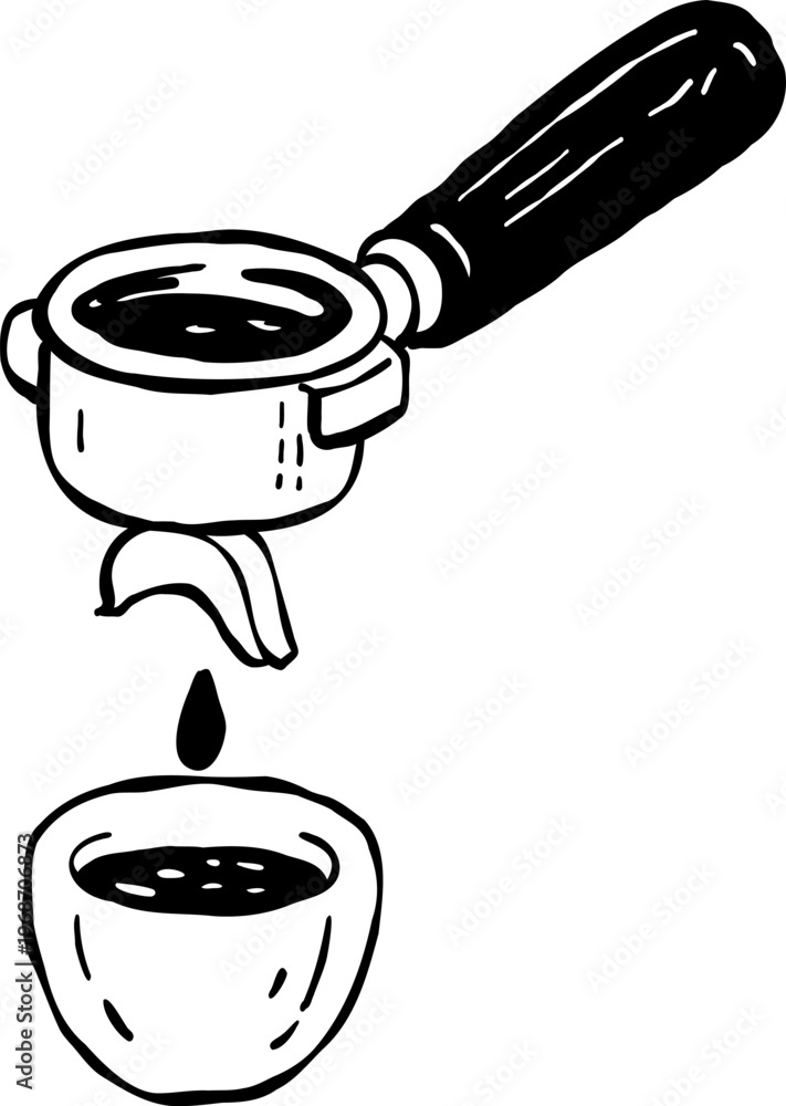 Φωτογραφία Espresso extraction process with portafilter and demitasse cup, hand-drawn in rough line art style with natural imperfect lines