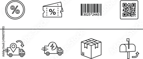 Set of shopping and delivery line icons including discounts barcodes qr codes and shipping.
