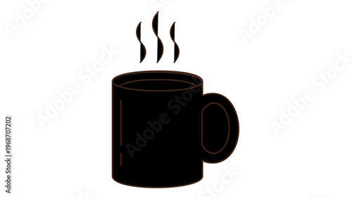 Minimalist vector illustration of a steaming hot coffee mug or tea cup icon, featuring a black ceramic mug with rising steam trails, perfect for cafe, breakfast, or morning routine concepts.