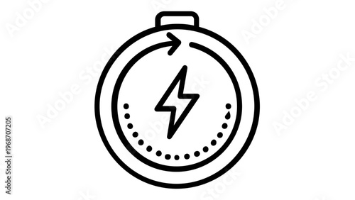 Minimalist vector icon illustration of a circular battery charging symbol featuring a lightning bolt and a circular arrow, representing renewable energy, power status, and electrical recharge cycle.