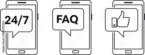 Set of mobile phone icons with speech bubbles for 24/7, FAQ, and likes isolated on transparent.